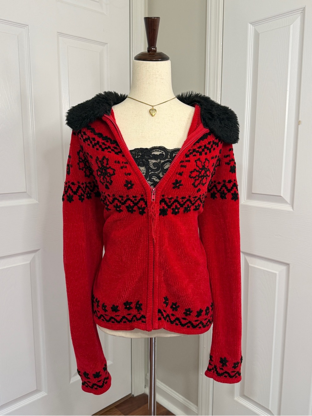 Studio Red Knit Bomber Jacket with Black Faux Fur Collar